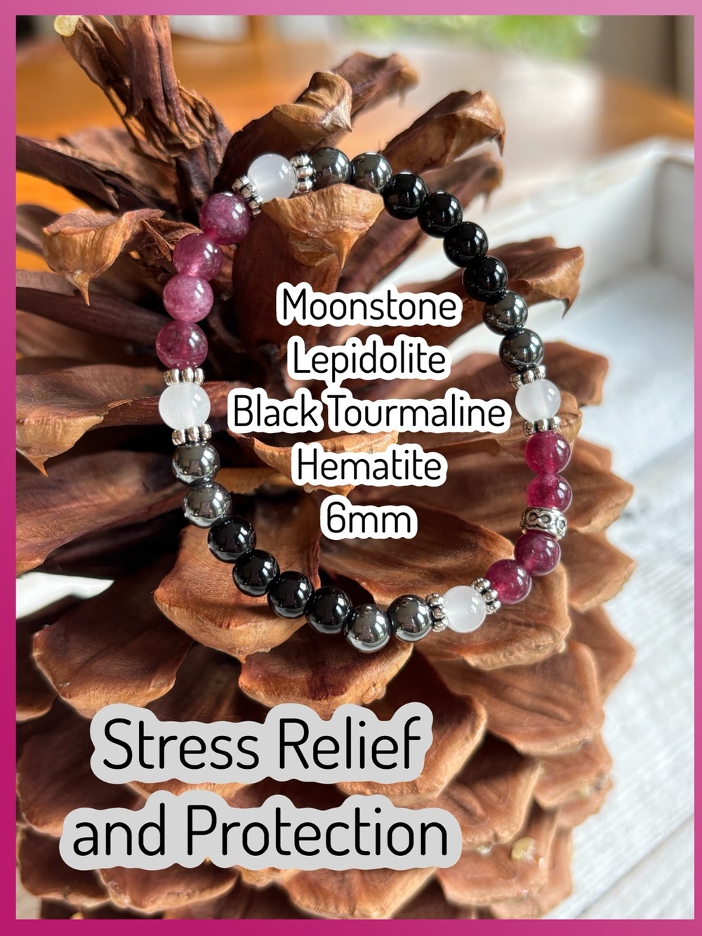 Crystal Bracelet 6mm • Moonstone Lepidolite Black Tourmaline Hematite • stretch